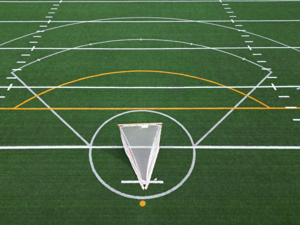 Aerial view of an empty sports field with soccer net and lines.